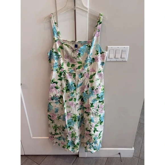 Old Navy Womens XL Linen Blend Floral Midi Dress Sweetheart Neckline Pockets - Picture 2 of 8